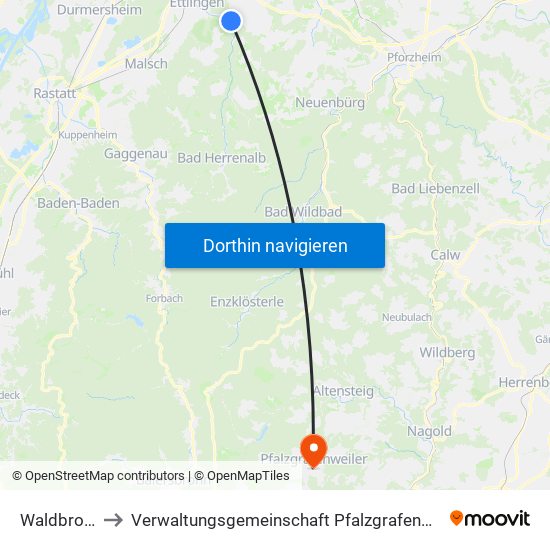 Waldbronn to Verwaltungsgemeinschaft Pfalzgrafenweiler map