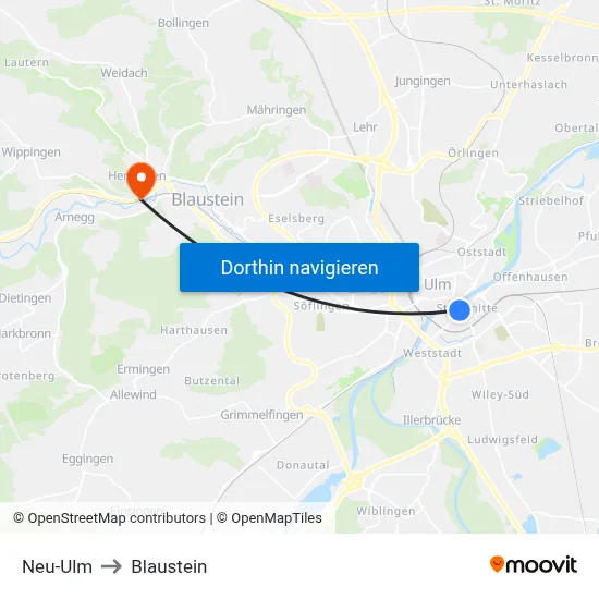 Neu-Ulm to Blaustein map