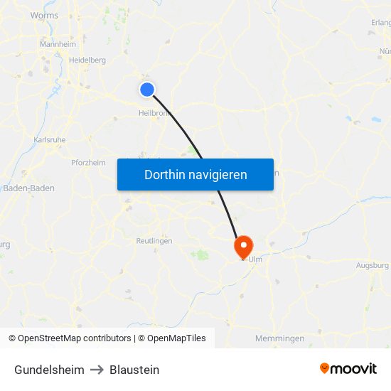 Gundelsheim to Blaustein map