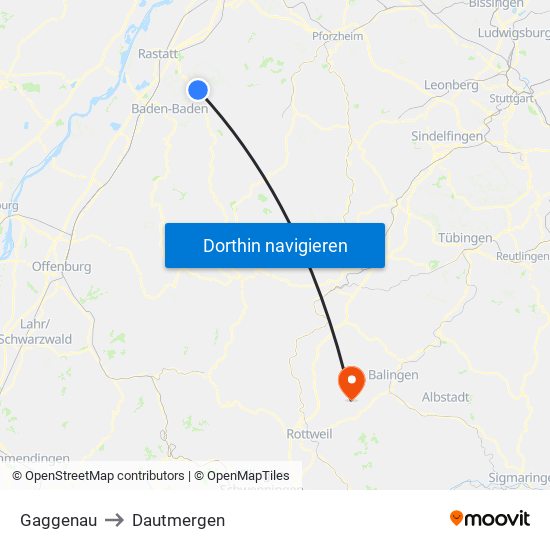 Gaggenau to Dautmergen map