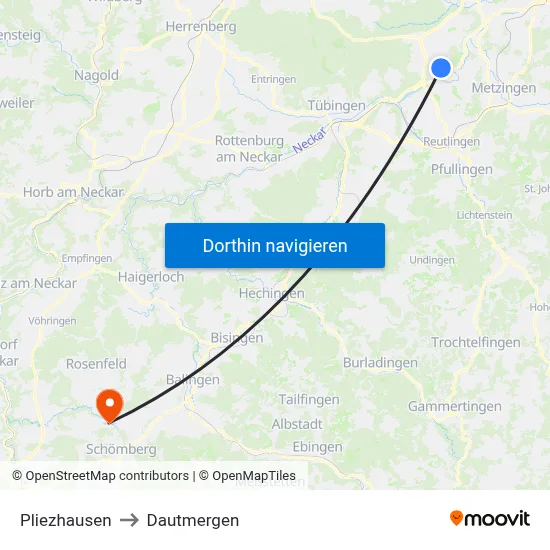 Pliezhausen to Dautmergen map