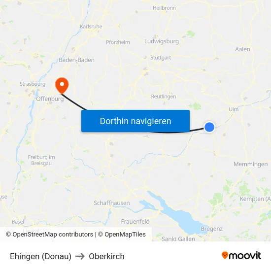 Ehingen (Donau) to Oberkirch map