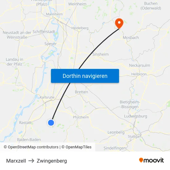 Marxzell to Zwingenberg map