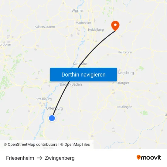 Friesenheim to Zwingenberg map