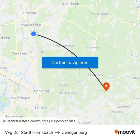 Vvg Der Stadt Hemsbach to Zwingenberg map