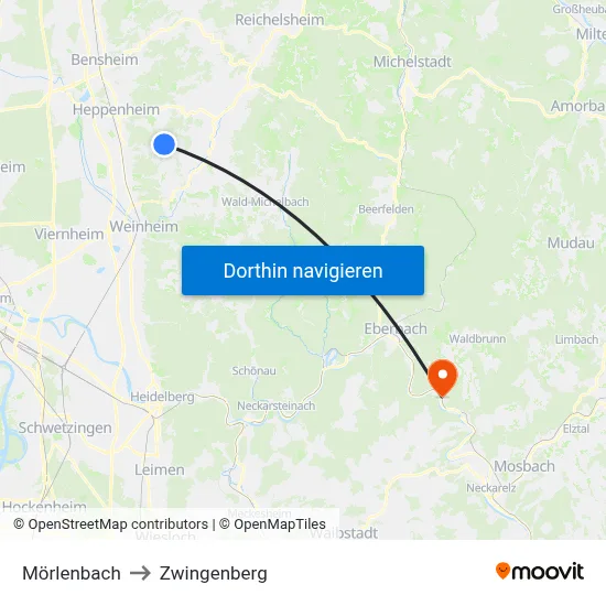 Mörlenbach to Zwingenberg map