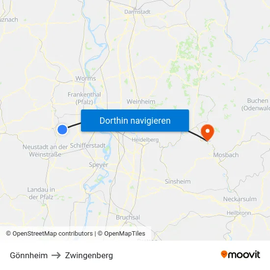 Gönnheim to Zwingenberg map