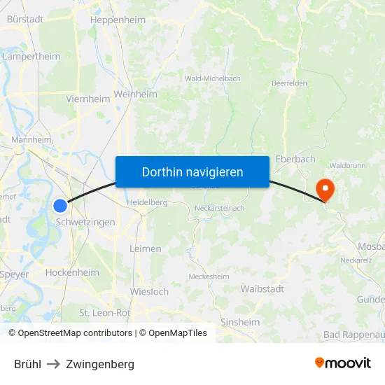 Brühl to Zwingenberg map