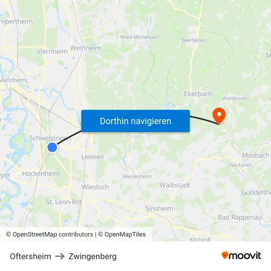 Oftersheim to Zwingenberg map
