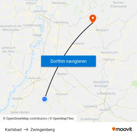 Karlsbad to Zwingenberg map