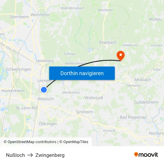 Nußloch to Zwingenberg map