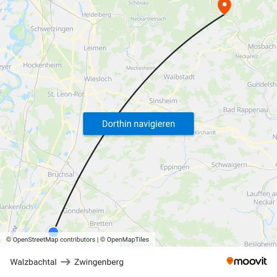 Walzbachtal to Zwingenberg map