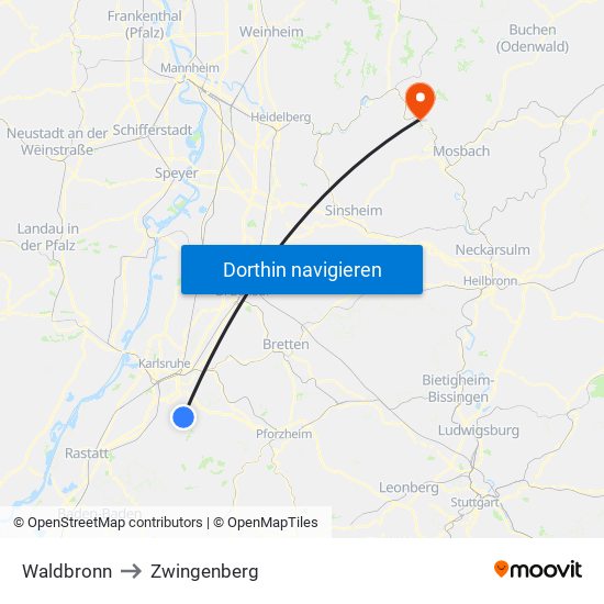 Waldbronn to Zwingenberg map