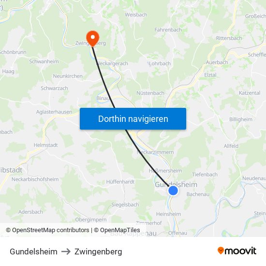 Gundelsheim to Zwingenberg map