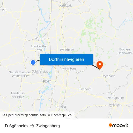 Fußgönheim to Zwingenberg map