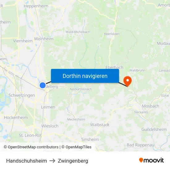 Handschuhsheim to Zwingenberg map
