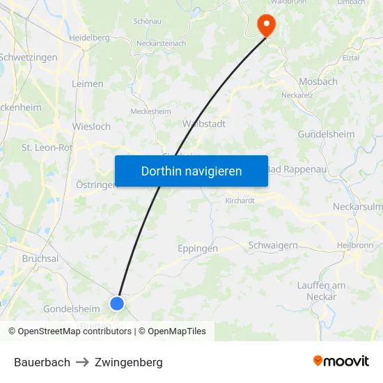Bauerbach to Zwingenberg map