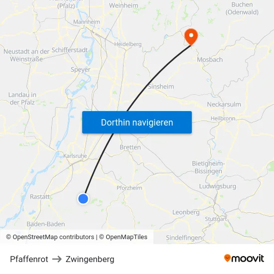 Pfaffenrot to Zwingenberg map
