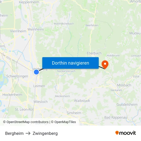Bergheim to Zwingenberg map