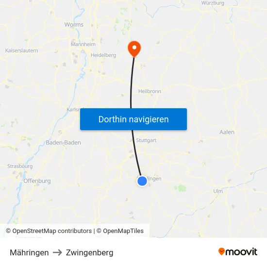 Mähringen to Zwingenberg map