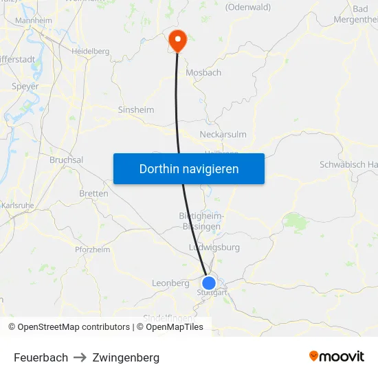 Feuerbach to Zwingenberg map