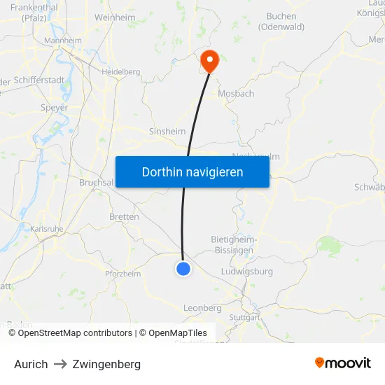 Aurich to Zwingenberg map