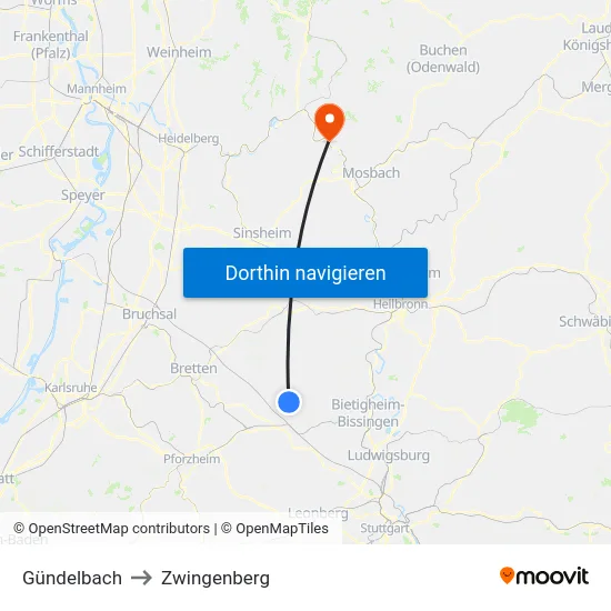 Gündelbach to Zwingenberg map