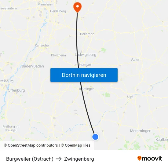 Burgweiler (Ostrach) to Zwingenberg map