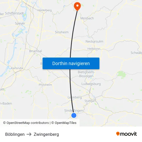 Böblingen to Zwingenberg map