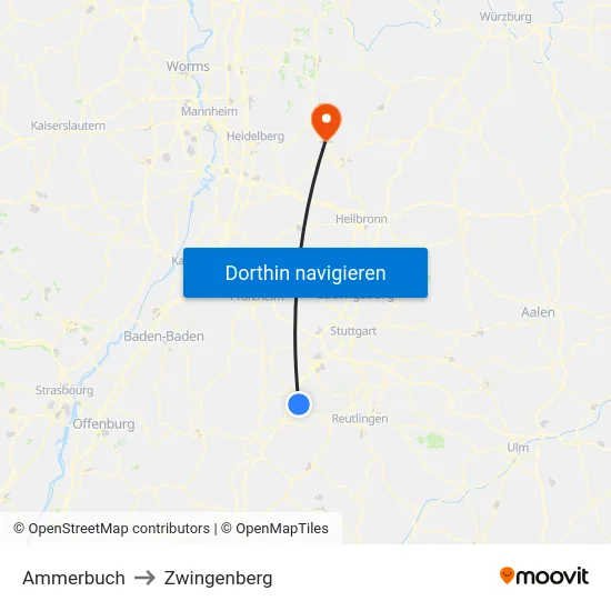 Ammerbuch to Zwingenberg map