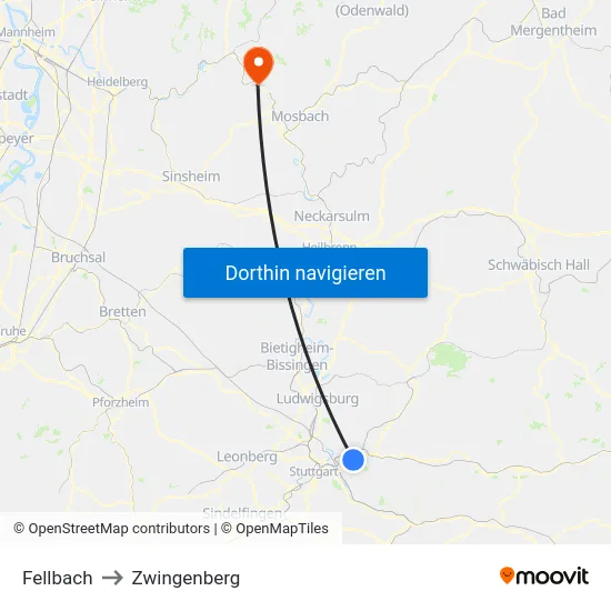 Fellbach to Zwingenberg map