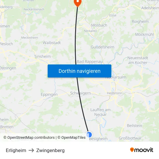 Erligheim to Zwingenberg map