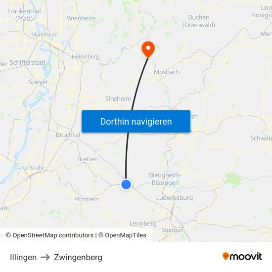 Illingen to Zwingenberg map