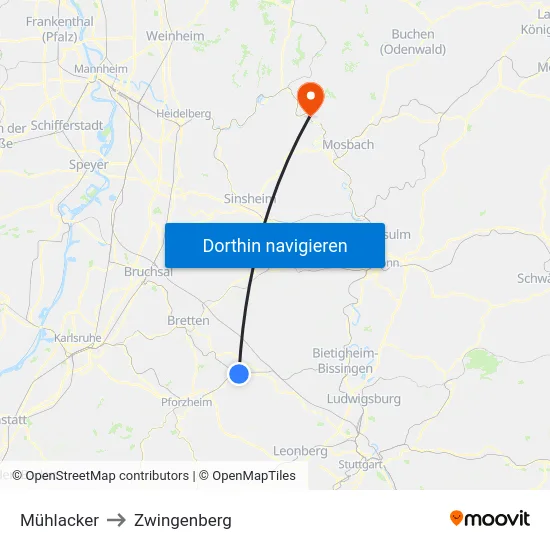 Mühlacker to Zwingenberg map