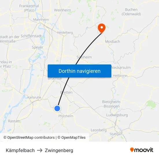 Kämpfelbach to Zwingenberg map
