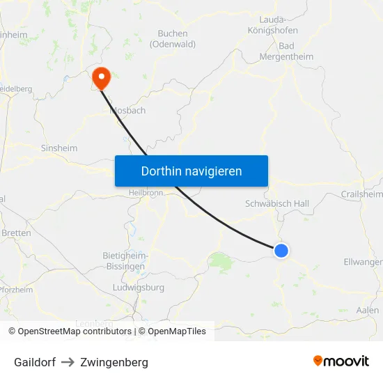 Gaildorf to Zwingenberg map