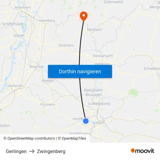 Gerlingen to Zwingenberg map