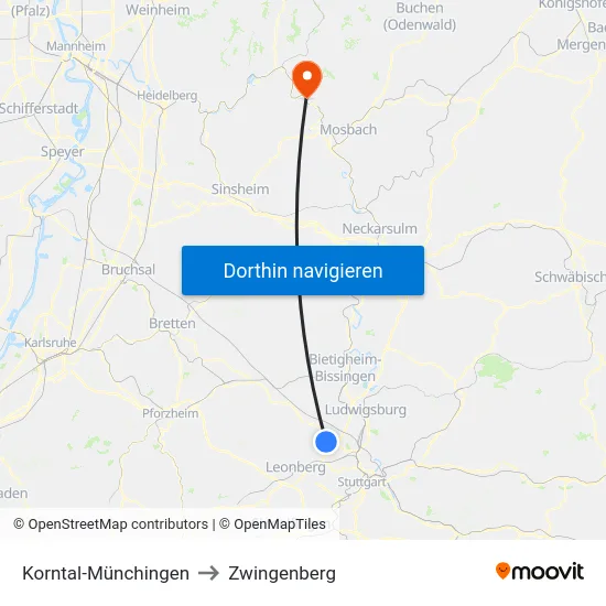 Korntal-Münchingen to Zwingenberg map