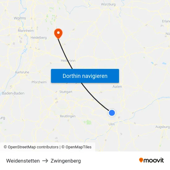 Weidenstetten to Zwingenberg map
