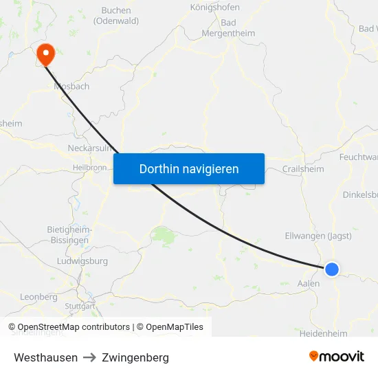 Westhausen to Zwingenberg map