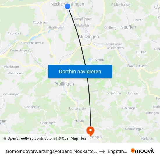 Gemeindeverwaltungsverband Neckartenzlingen to Engstingen map