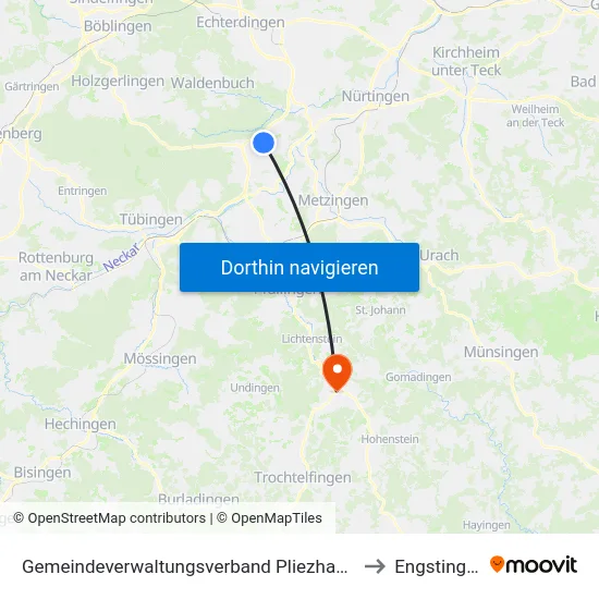 Gemeindeverwaltungsverband Pliezhausen to Engstingen map