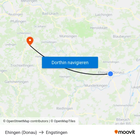 Ehingen (Donau) to Engstingen map