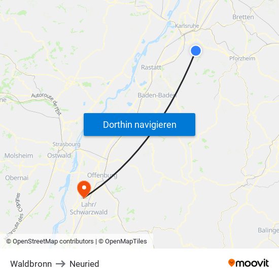 Waldbronn to Neuried map