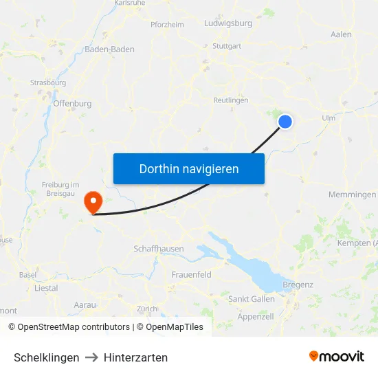Schelklingen to Hinterzarten map