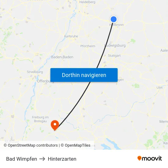 Bad Wimpfen to Hinterzarten map