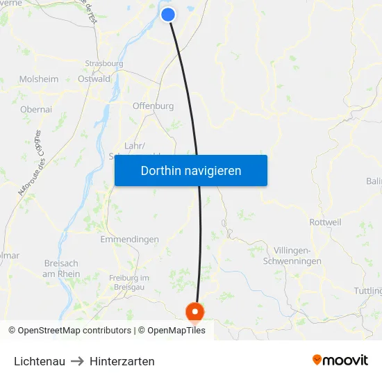 Lichtenau to Hinterzarten map