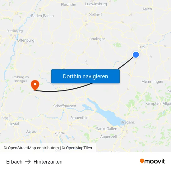 Erbach to Hinterzarten map