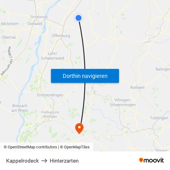 Kappelrodeck to Hinterzarten map