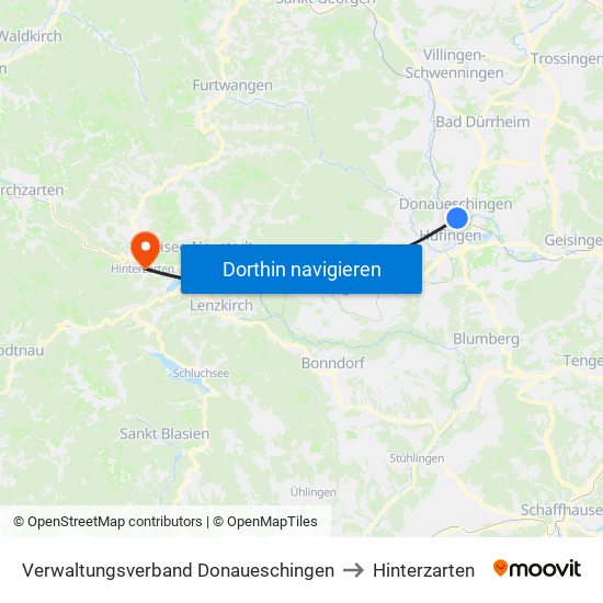 Verwaltungsverband Donaueschingen to Hinterzarten map